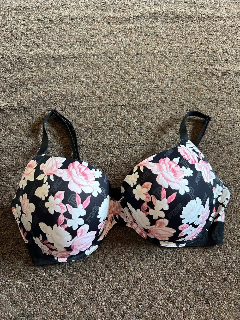 PINK Victoria's Secret Black Bra with Pink & White Floral Print